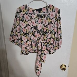 Forever 21 Floral Wrap Blouse - Pink and Yellow
